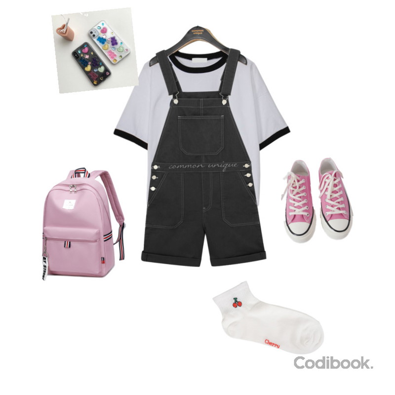 BULLANG GIRL 상큼미니 과일 양말,BULLANG GIRL RB밴드 백팩 + 키홀더포함♡,AFTERMONDAY basic casual color sneakers (10colors)등을 매치한 코디