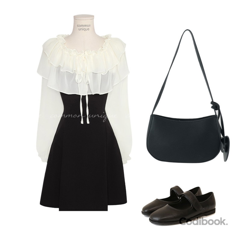 common unique PLIN MIX FRILL FLARE MINI OPSWITH CELEBRITY _ 아이유, 이성경 착용,common unique MARY JANE FLAT SHOES - 2 TYPE,Codibook Delight Clash round shoulder bag등을 매치한 코디