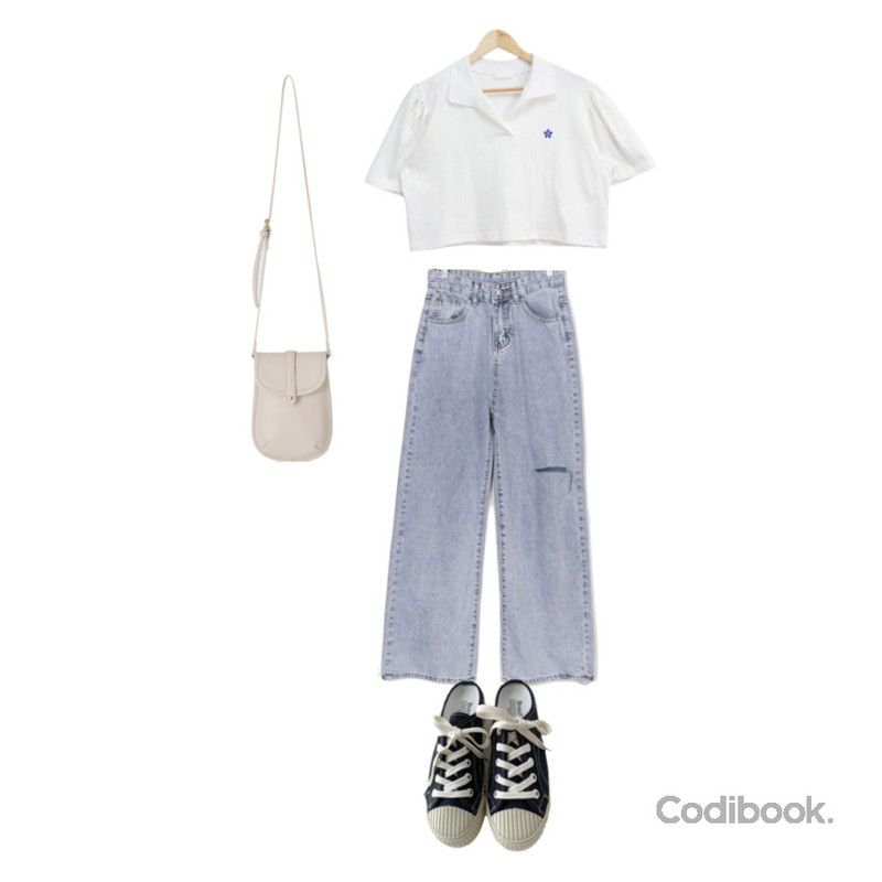ENVYLOOK 코버스니커즈뮬,BULLANG GIRL 플라워 퍼프 크롭티,VANILLAMILK 메이사 디스트로이드 와이드 데님 팬츠등을 매치한 코디
