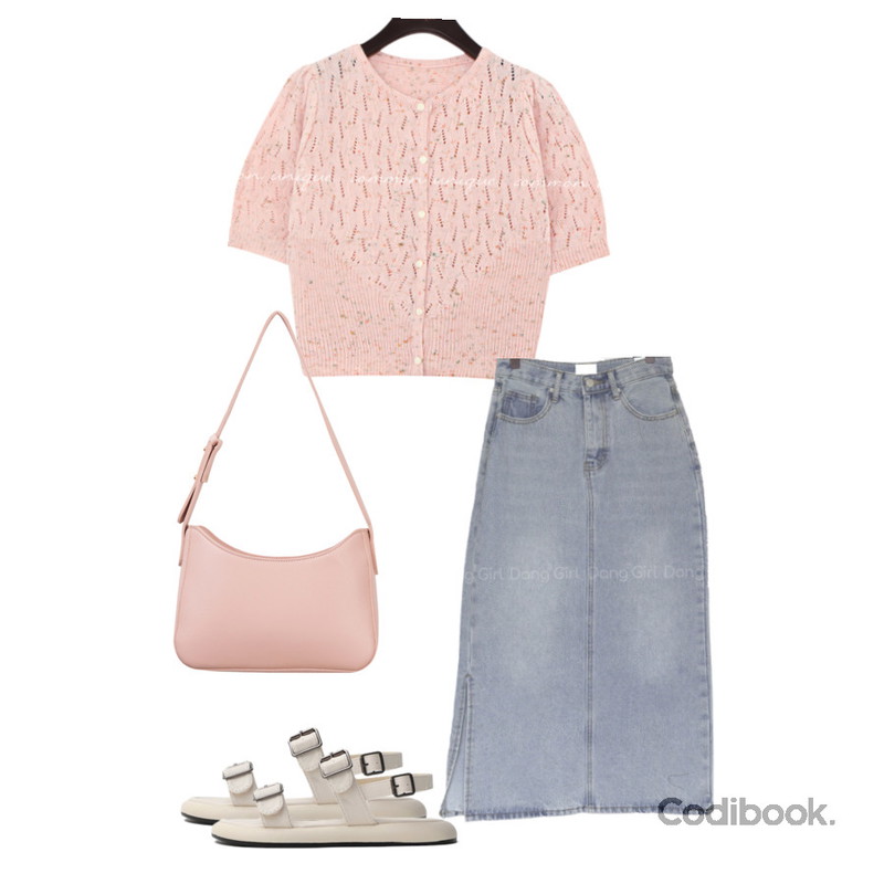 somedayif 뮤트 버클 숄더 백,common unique BOKASHI PUFF 1/2 KNIT CARDIGAN,Dang2girl 빅사이즈 26-34인치 팬시 트임 롱 데님 스커트등을 매치한 코디