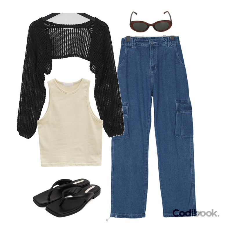 BANHARU 오드 시크 선글라스,VANILLAMILK 메시언 네트 볼레로 가디건,somedayif 플랜 코튼 스트레치 탱크 탑등을 매치한 코디