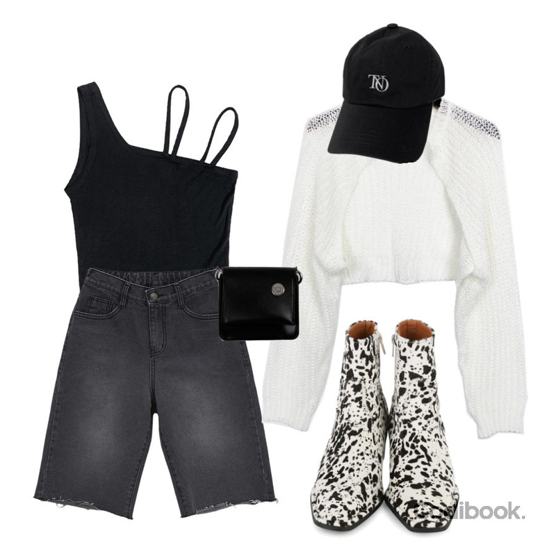 somedayif 리얼 칼프 미들 힐 앵클 부츠,CLOSET ME 썸머 볼레로 가디건 (4color),binary01 체인 플리 미니크로스백등을 매치한 코디