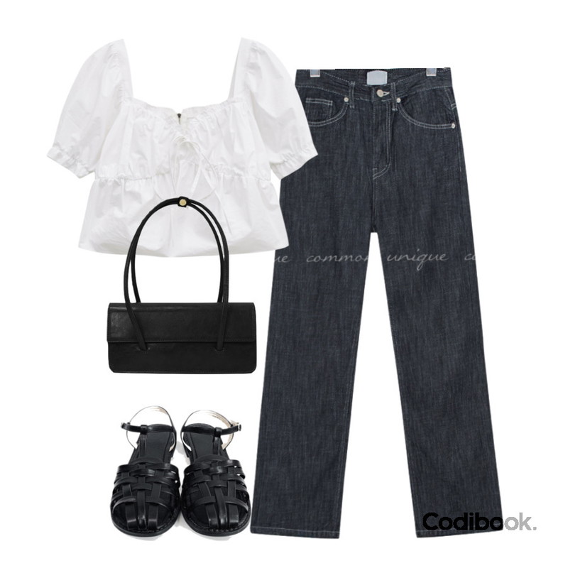 WONLOG 플립 미니 백,NONCODE 폴딩 스트랩 버클 샌들,common unique LIKO STRAIGHT DENIM PANTS등을 매치한 코디