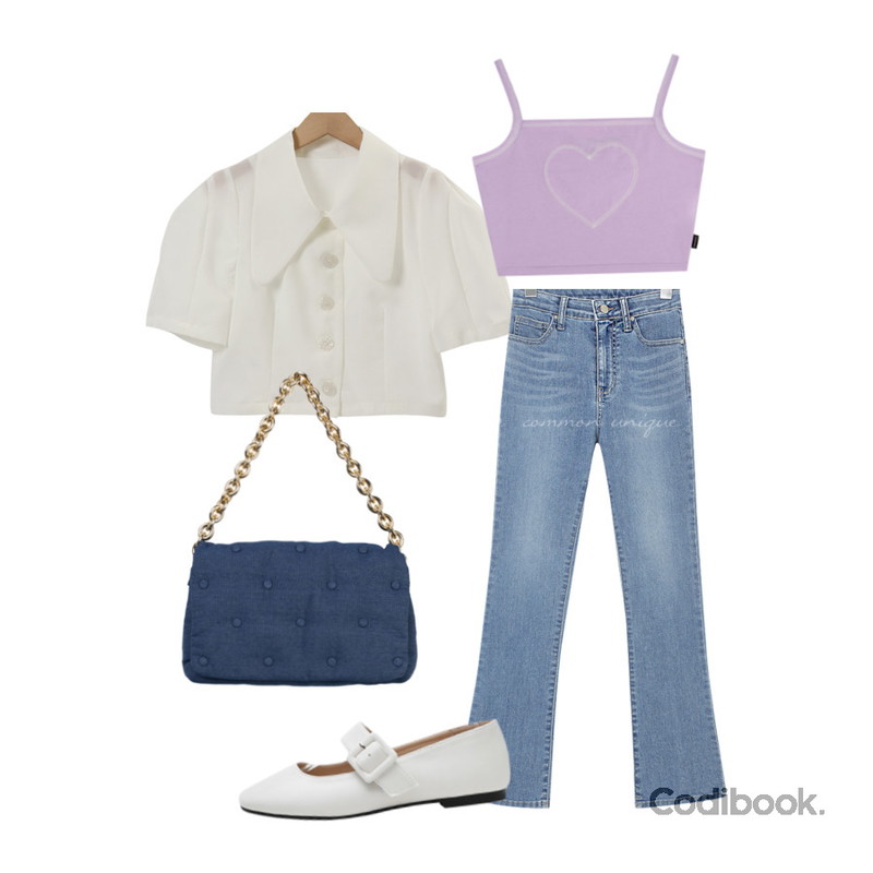 From Beginning 빅카라 퍼프반팔자켓 (2color),somedayif 쿠션 코튼 체인 숄더 백,common unique HIRON BANDING BOOTS DENIM PANTS등을 매치한 코디