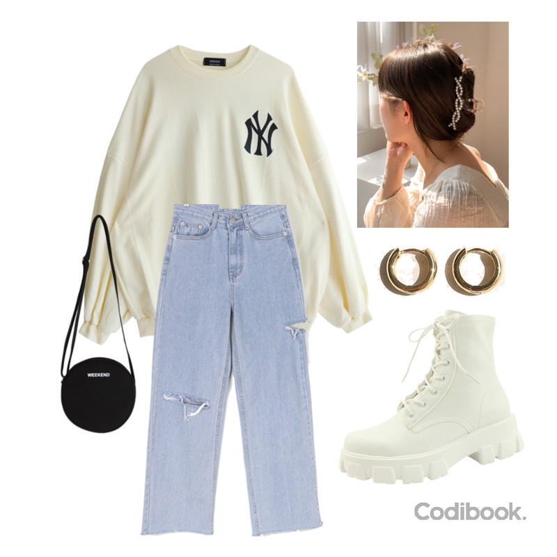 BULLANG GIRL 위캔드탬버린백,common unique HEIDI MINIMAL RING EARRING,designershoes 스판 키높이 통굽 워커 5cm 블랙등을 매치한 코디