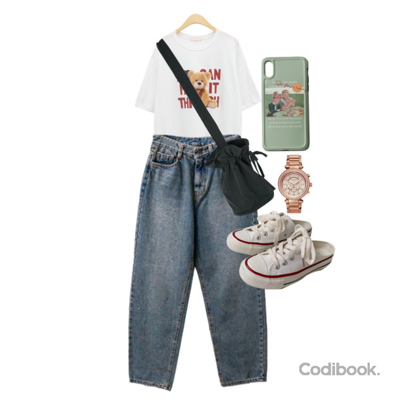 AWAB 센스뮬스니커즈,owler market 빈티지 그림 일러스트 무광 아이폰케이스,VANHECER 한나마틴 여성손목시계 HM#W010등을 매치한 코디