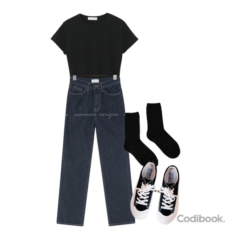 Zemma World 레이온스판 롱삭스,common unique RENNON STRAIGHT DENIM PANTS,ENVYLOOK 스티치데일리스니커즈등을 매치한 코디