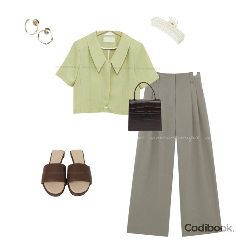 From Beginning Vintage twist earring_M (size : one),From Beginning Croke square two-way bag_J (size : one),common unique RAVE SET-UP PINTUCK WIDE SLACKS등을 매치한 코디