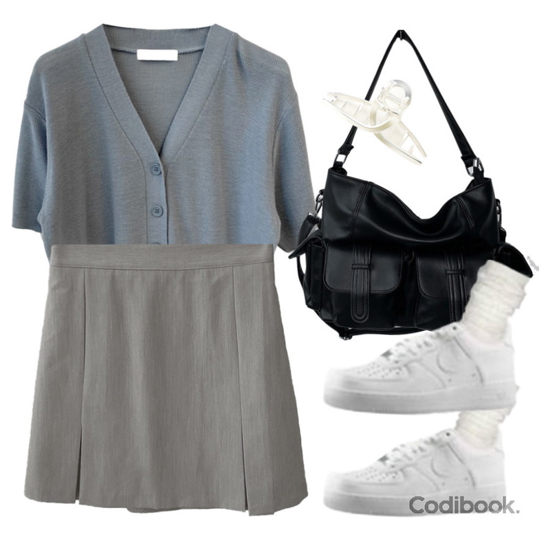 TWEE 웨브 메탈 헤어핀,wonderwonder 신디 썸머 미니멀 플리츠 스커트,wonderwonder 어티 브이넥 반팔 니트 가디건등을 매치한 코디