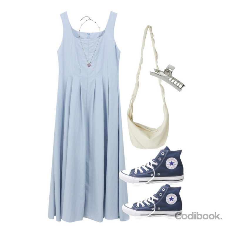 NONCODE 클리어 버터플라이 네크리스,somedayif 슬림 메탈 헤어핀,From Beginning 프릴스트랩 슬링크로스백 (2color)등을 매치한 코디