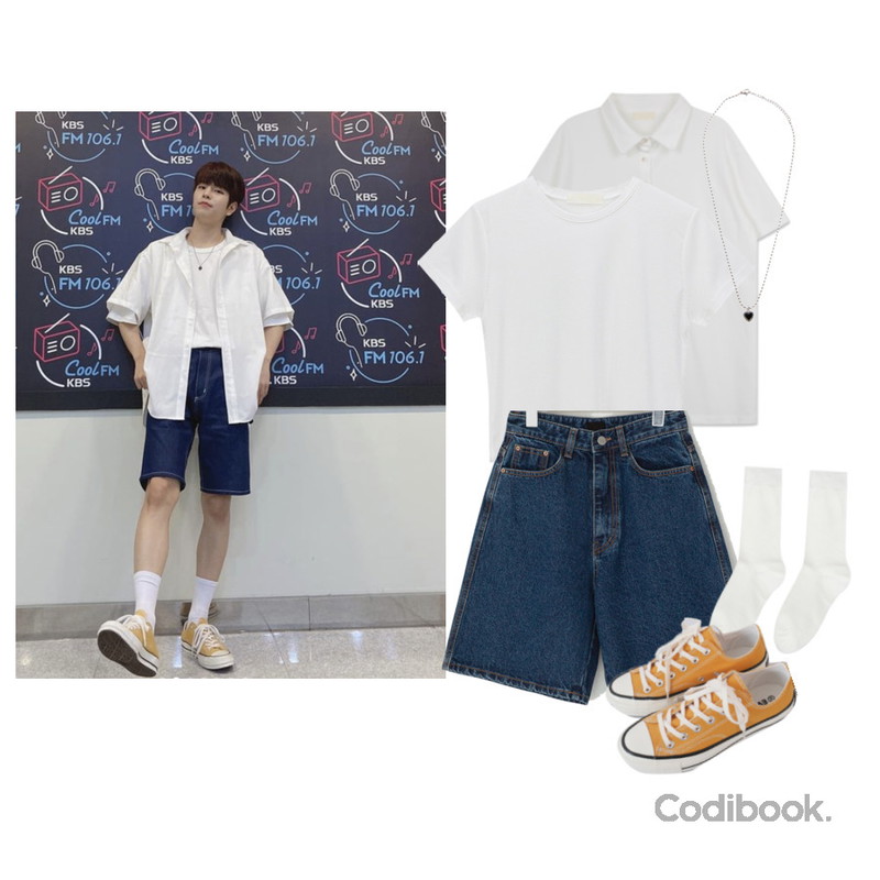 MIXXMIX 베이직 골지 롱삭스,AFTERMONDAY basic casual color sneakers (10colors),BANHARU 콜린 데님하프팬츠등을 매치한 코디
