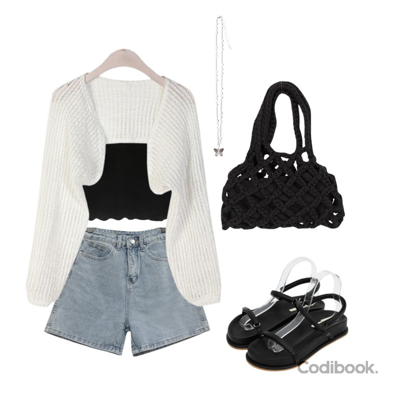 somedayif 니스 버터플라이 네크리스,binary01 네트 메이드 토트백,somedayif 라인 스트랩 캐주얼 샌들등을 매치한 코디