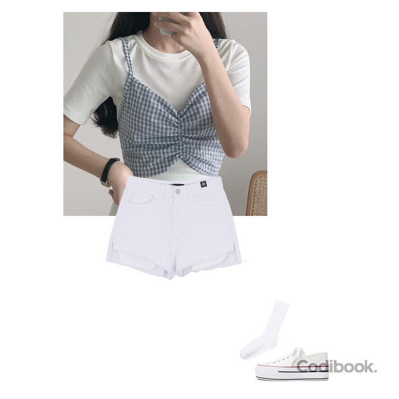 somedayif 스프링 컬러 골지 삭스,ribino 체크 셔링 뷔스티에,ITSHU 잇슈 2way 통굽 스니커즈뮬 블로퍼(3.0cm) 10909 ♡1차완판♡등을 매치한 코디