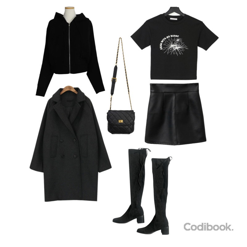 common unique SOME RAGLAN DOUBLE COAT,somedayif 로티 엠보싱 숄더 백,ENVYLOOK 클라인레자스커트등을 매치한 코디