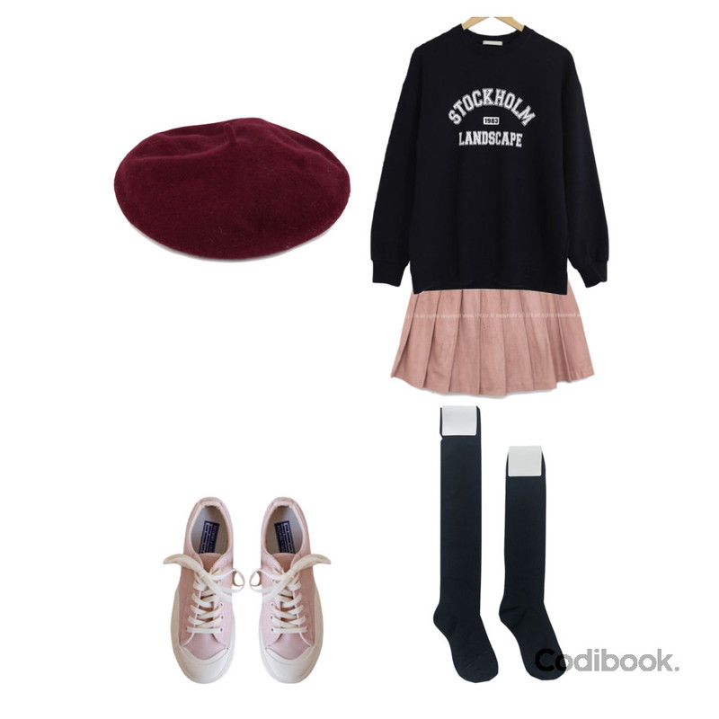 somedayif 배리어스 울 베레모,ENVYLOOK 스티치데일리스니커즈,NONCODE 롱 삭스 set (블랙)등을 매치한 코디