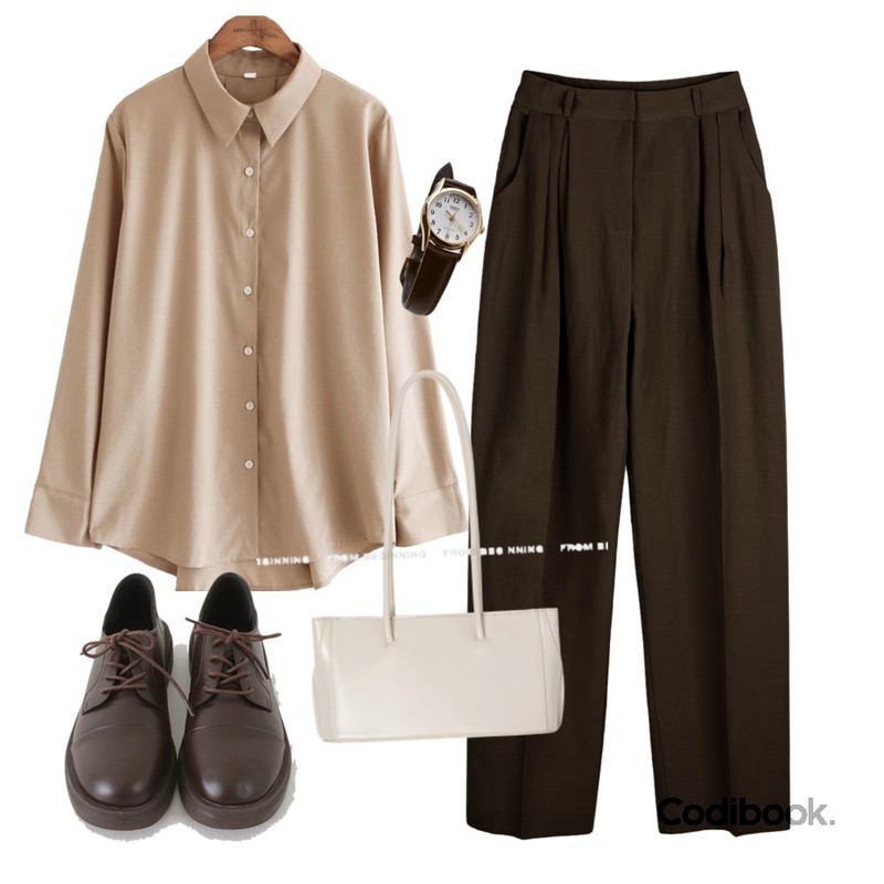 common unique SILKY BACK CROSS COVER BLOUSE WITH CELEBRITY _ 아이린, 임수정, 김고은 착용,From Beginning 라운드 베이직더비로퍼 (2color),somedayif 로아 린넨 슬랙스등을 매치한 코디