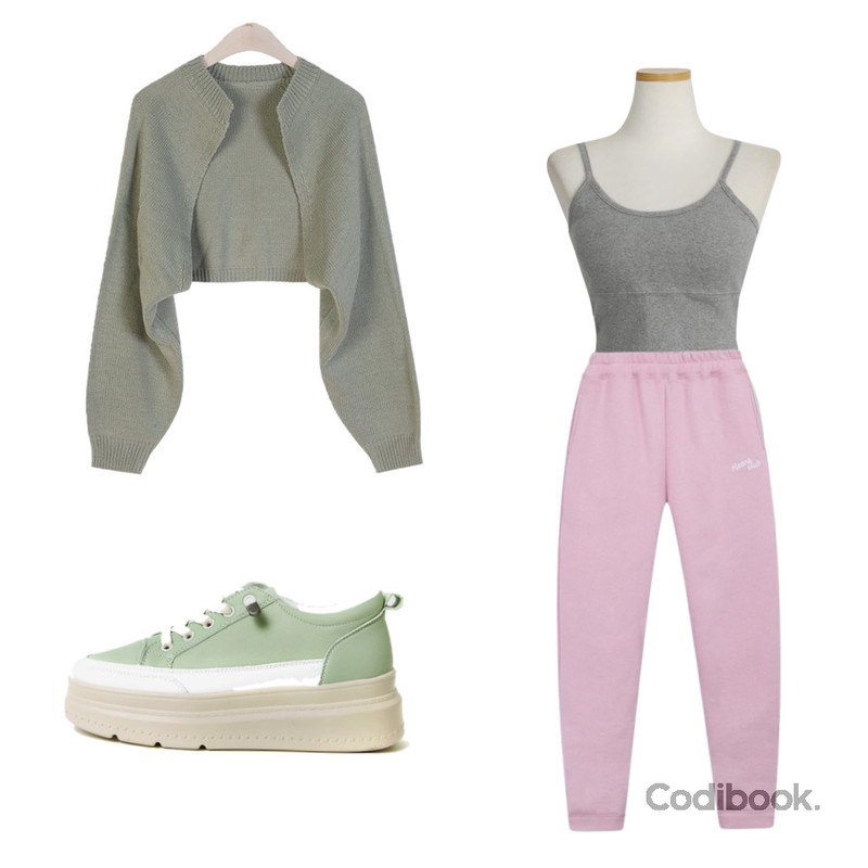 MIXXMIX Heart Logo Sweat Pants,LOVELY SHOES 차밍 가죽 통굽 스니커즈 5cm,AWAB 코지골지탑나시(3color)등을 매치한 코디