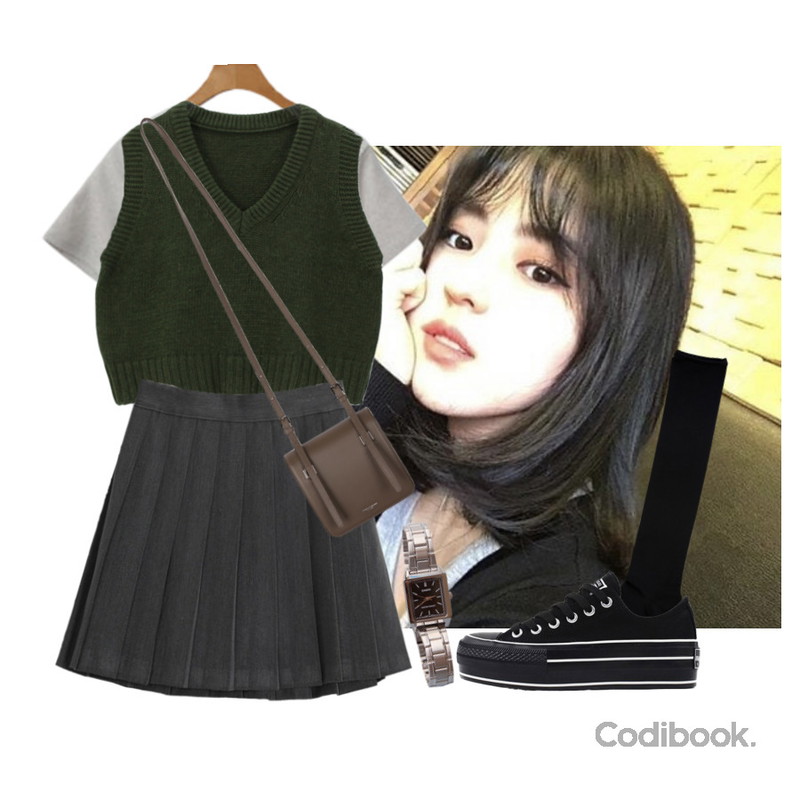 UPTOWN HOLIC 스퀘어무드 bag (*3color),common unique CASIO SQUARE 2 COLOR WATCH,Dday Girl 마법같은, 키높이 통굽 스니커즈 운동화 (5cm)등을 매치한 코디