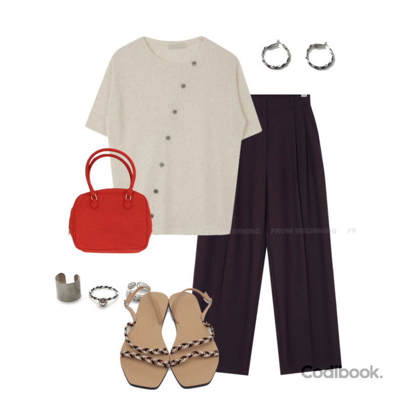 Zemma World Daily pic ring (3set),Zemma World Zem No.263 (earring),From Beginning Braid slim strap slipper_Y (size : 230,235,240,245,250)등을 매치한 코디