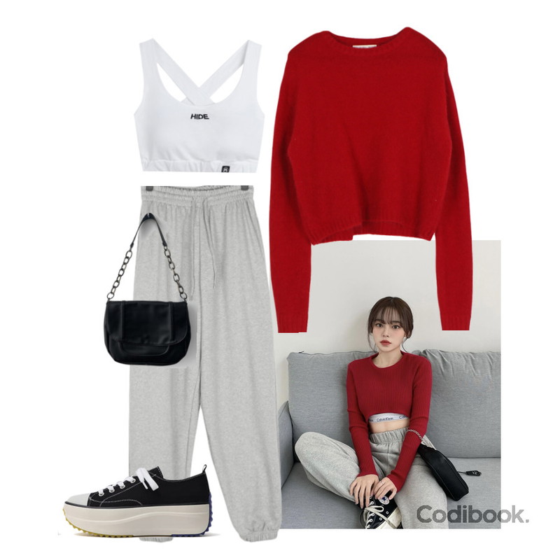 WONLOG 컬러 모헤어 니트,MIXXMIX 하이드 크로스 브라 탑 (Black) @지원,ITSHU 잇슈 콤비컬러 베일리 플랫폼 스니커즈(5.7cm) 10903등을 매치한 코디