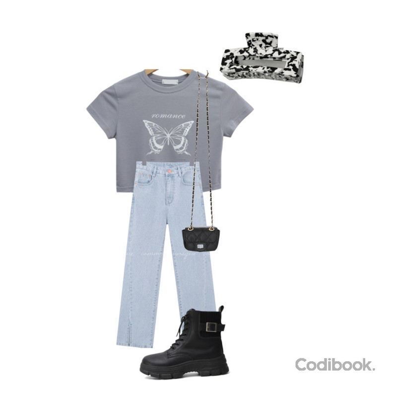 wonderwonder 코어 마블 셀룰로오스 얼룩무늬 헤어집게,qnigirls 컴팩트 초미니크로스백,common unique BRITON LINE SLIT LONG DENIM PANTS등을 매치한 코디