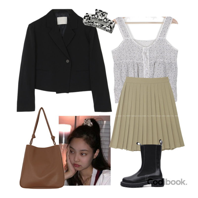 wonderwonder 코어 마블 셀룰로오스 얼룩무늬 헤어집게,Dang2girl 쎄른 플라워 버튼 뷔스티에,UPTOWN HOLIC 원 버튼 크롭자켓 (*2color)등을 매치한 코디