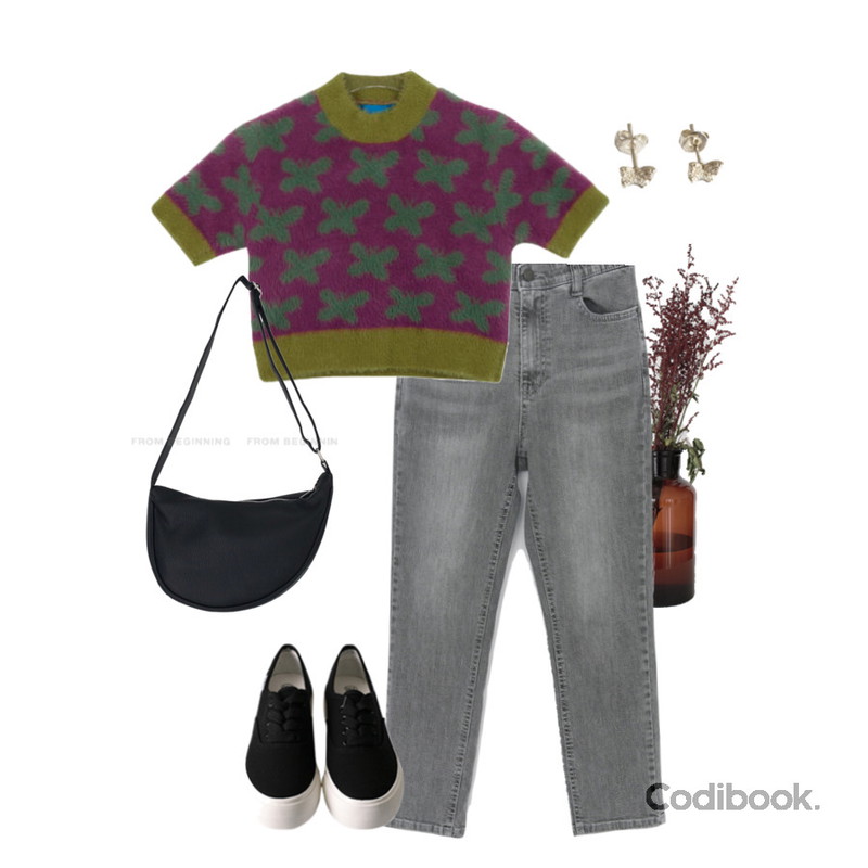 lavenir (silver925) butterfly earring,LILYTI 미니멜 - shoes (데일리 캐주얼 3cm 단화 4colors ),qnigirls 솔트그레이 슬림일자밴딩데님팬츠등을 매치한 코디