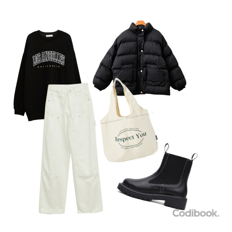 ENVYLOOK 소프트핫해패딩,From Beginning 리스펙 라운드에코숄더백,ITSHU 잇슈 숏 & 미들 와이드 밴딩 첼시 통굽 부츠(5.0cm) 7043등을 매치한 코디