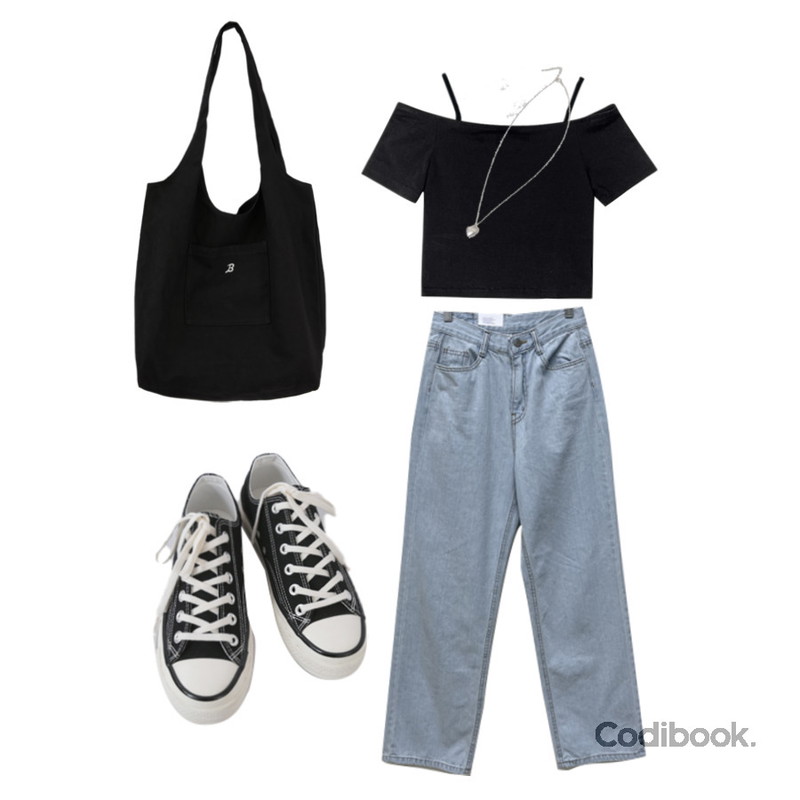 AFTERMONDAY basic casual color sneakers (10colors),NONCODE 프티 무지 오프숄더 탑,somedayif 리버 에코 백등을 매치한 코디