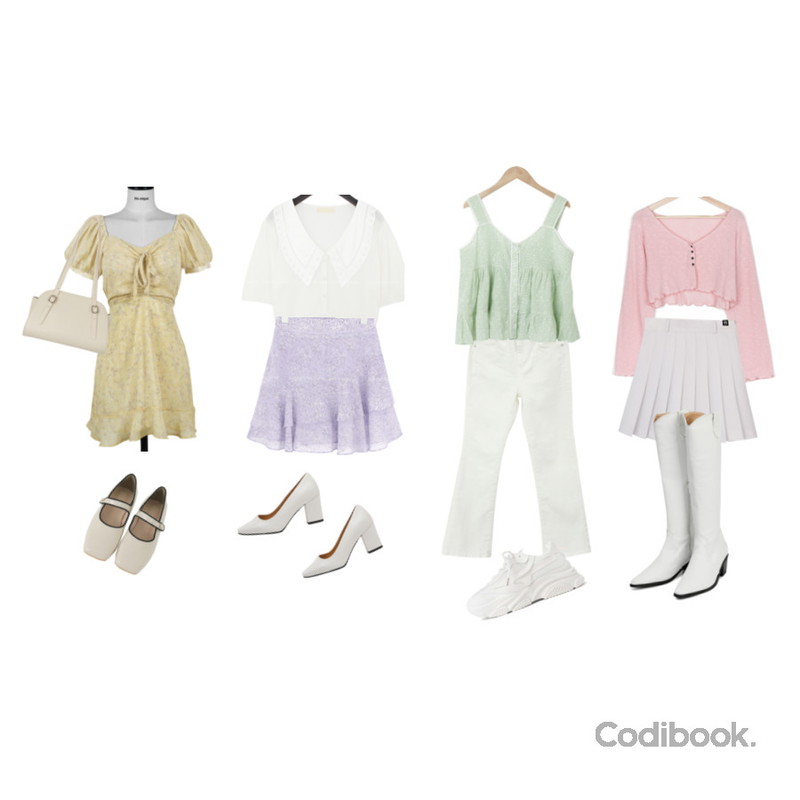 From Beginning 라인 메리제인플랫슈즈 (2color),sappun 스웰리 스퀘어 미들힐 (7cm),VANILLAMILK 캔드 브이넥 크롭 니트 가디건등을 매치한 코디
