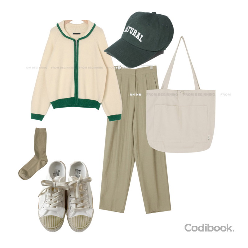 Zemma World Dolce-골지삭스,ENVYLOOK 코버스니커즈뮬,VANILLAMILK 내추럴 레터링 볼캡등을 매치한 코디