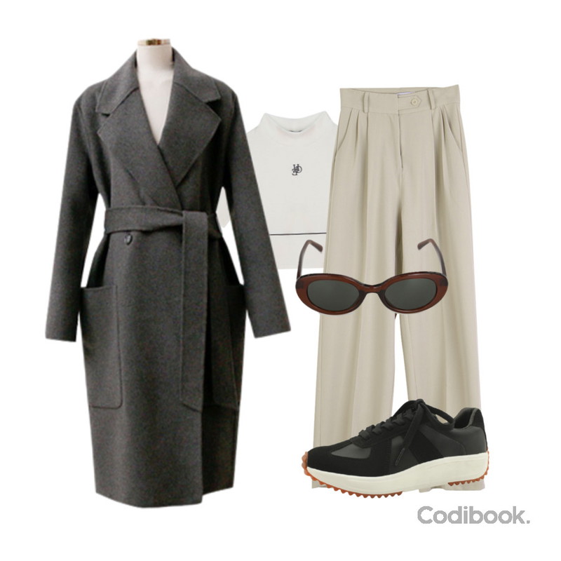 ENVYLOOK 어썸핸드메이드코트,designershoes 통굽 독일군 스니커즈 4cm 블랙,BANHARU 오드 시크 선글라스등을 매치한 코디
