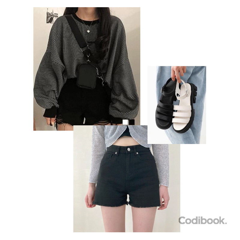 VANHECER 내추럴 무드 코튼 숏 팬츠 P#YW499,Codibook Delight 잇슈 트리플 스트랩 플랫폼 샌들(5.0cm) 9101,gifteabox 아방핏 잔줄 맨투맨등을 매치한 코디