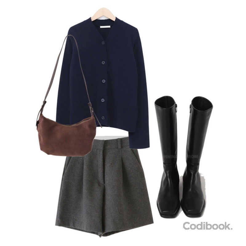 From Beginning Mode wool v-neck cardigan_K (울 80%) (size : free),From Beginning 멜티드 울핀턱밴딩하프팬츠 (2color),From Beginning 빈티지스웨이드 호보백 (4color)등을 매치한 코디