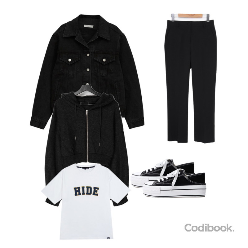 From Beginning 웨이즈 슬림일자슬랙스 (2color),VANILLAMILK 슈가 루즈핏 니트 후드 집업,MIXXMIX HIDE Logo Graphic T-Shirt (White)등을 매치한 코디