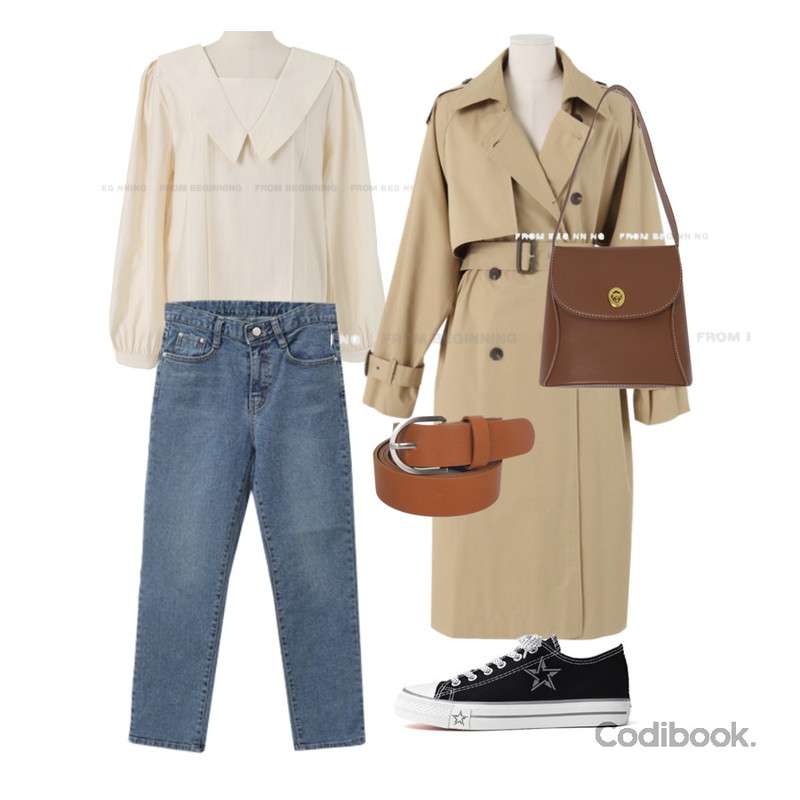 BULLANG GIRL 내허리의 필수템 벨트 20종,ITSHU 잇슈 데일리 반사광 베이직 스니커즈(1.7cm) 10897,From Beginning 커브스티치 버클레더숄더백(4color)등을 매치한 코디