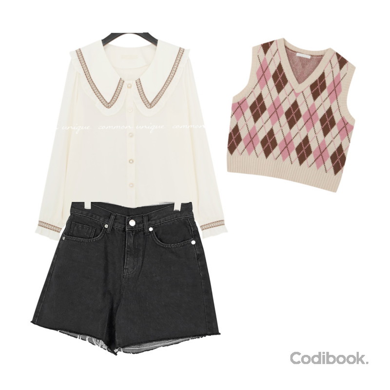 VANILLAMILK 드림 블랙 컷팅 반바지,common unique PEARL BUTTON FRILL COLLAR BLOUSE,UPTOWN HOLIC 아가일 베스트 (*3color)등을 매치한 코디