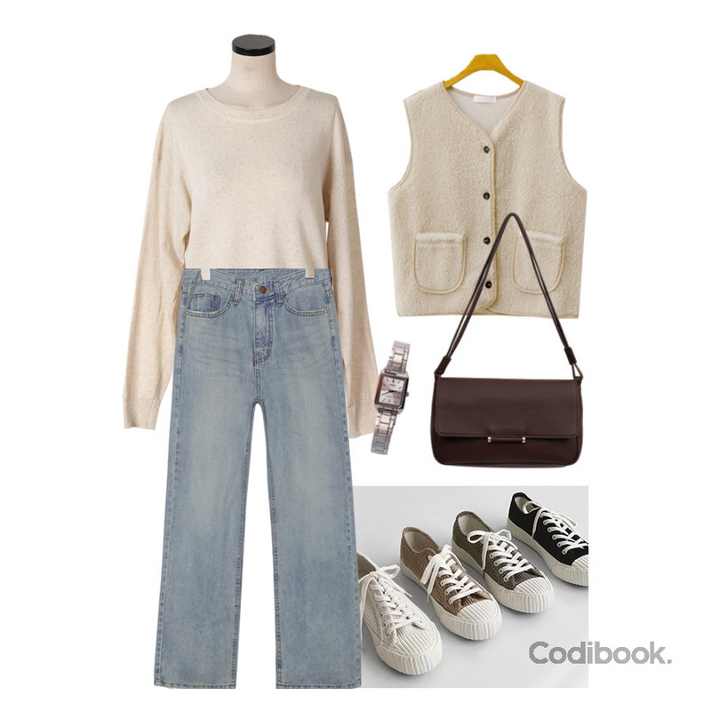 common unique BRIGHT STRAIGHT DENIM PANTS WITH CELEBRITY _ 허영지 착용,ENVYLOOK 핫팩양털조끼,sappun 호안느 코듀로이 스니커즈 (3cm)등을 매치한 코디