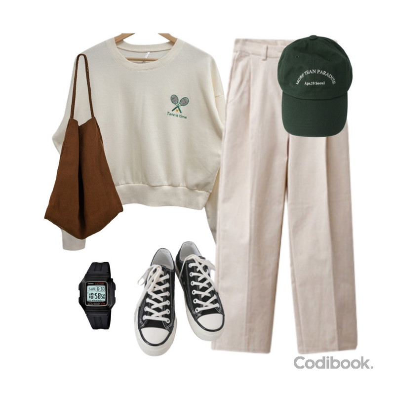 MIXXMIX F-201WA,AFTERMONDAY basic casual color sneakers (10colors),ENVYLOOK 포포와이드라인팬츠등을 매치한 코디