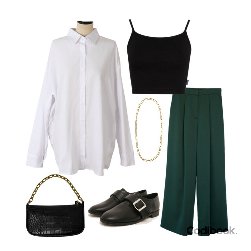 AFTERMONDAY breeze wide slacks (4c),common unique PRISON BUCKLE LOAFER,NONCODE 골드 체인 파우치백등을 매치한 코디