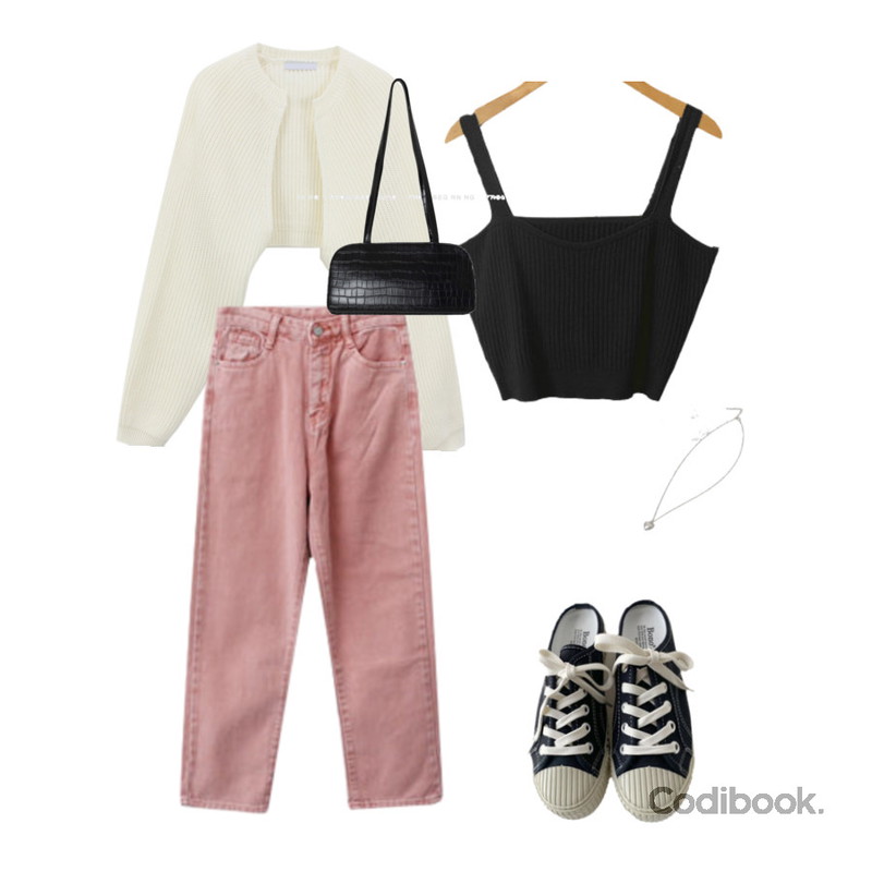 ENVYLOOK 파스텔컬러링팬츠,ENVYLOOK 코버스니커즈뮬,From Beginning 매트미니 하트목걸이 (2color)등을 매치한 코디