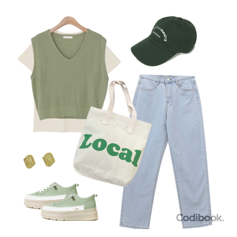 somedayif 피어 스톤 이어링,ENVYLOOK 워싱로컬에코백,LOVELY SHOES 차밍 가죽 통굽 스니커즈 5cm등을 매치한 코디