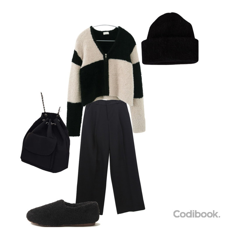 LOVELY SHOES 털뭉치 퍼 로퍼 1cm,binary01 앙고라 비니,AFTERMONDAY bold checker fuzzy cardigan (2colors)등을 매치한 코디