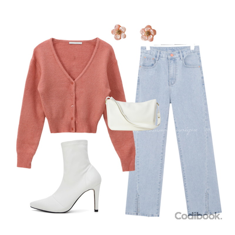 viewlap 샤이닝 핑크 플라워귀걸이,common unique BRITON LINE SLIT LONG DENIM PANTS,ITSHU 잇슈 뾰족코 삭스부츠힐(9.2cm) 1864♡4차완판♡등을 매치한 코디