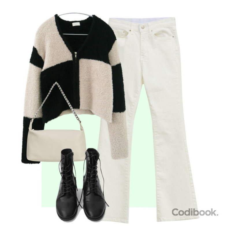 somedayif 실버 체인 소프트 숄더 백,somedayif 스토리 모노 부츠컷 트라우저,AFTERMONDAY bold checker fuzzy cardigan (2colors)등을 매치한 코디