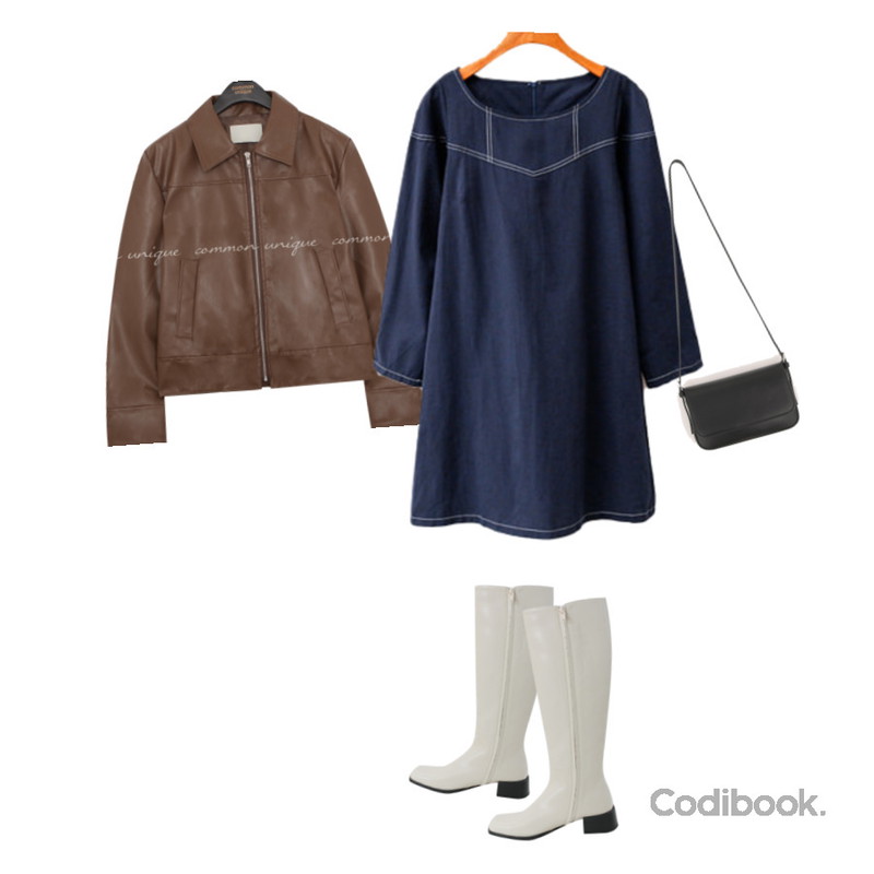 common unique TERIA 2 WAY SIMPLE SQUARE MINI BAG,ENVYLOOK 엘리슨미니원피스,common unique MAEL LEATHER ZIPUP JACKET등을 매치한 코디