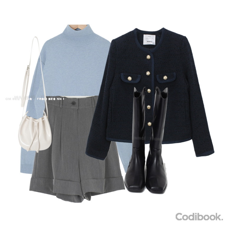WONLOG 크렌 트위드 자켓,From Beginning 그루브 V라인스퀘어롱부츠(3color),VANILLAMILK 미레 핀턱 5부 슬랙스 밴딩팬츠등을 매치한 코디