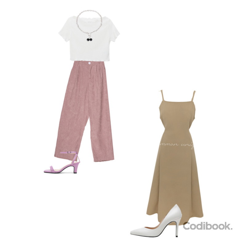 common unique BON STRAP BUSTIER LONG OPS,VANILLAMILK 포미 코듀로이 와이드 롱 팬츠,Codibook Delight ITSHU slim diagonal ankle strap Mary Jane middle heel sandal 5231등을 매치한 코디