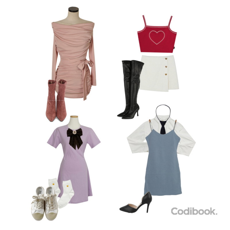 Zemma World 스마일 삭스,MIXXMIX 사쿠라 뷔스티에 미니 원피스,Codibook Delight HEART CLUB Heart Button Tweed Black Mini Skirt등을 매치한 코디