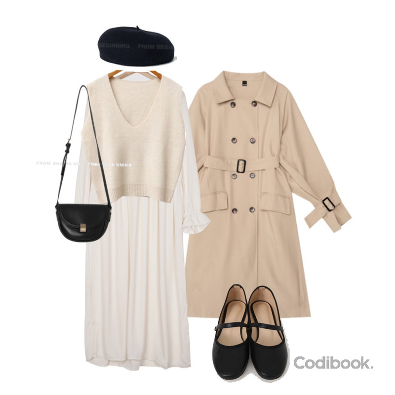 From Beginning 라운드 메리제인플랫슈즈 (4color),ENVYLOOK 마시멜로니트조끼,Dang2girl 모쯔 레이스 브이넥 롱 원피스등을 매치한 코디